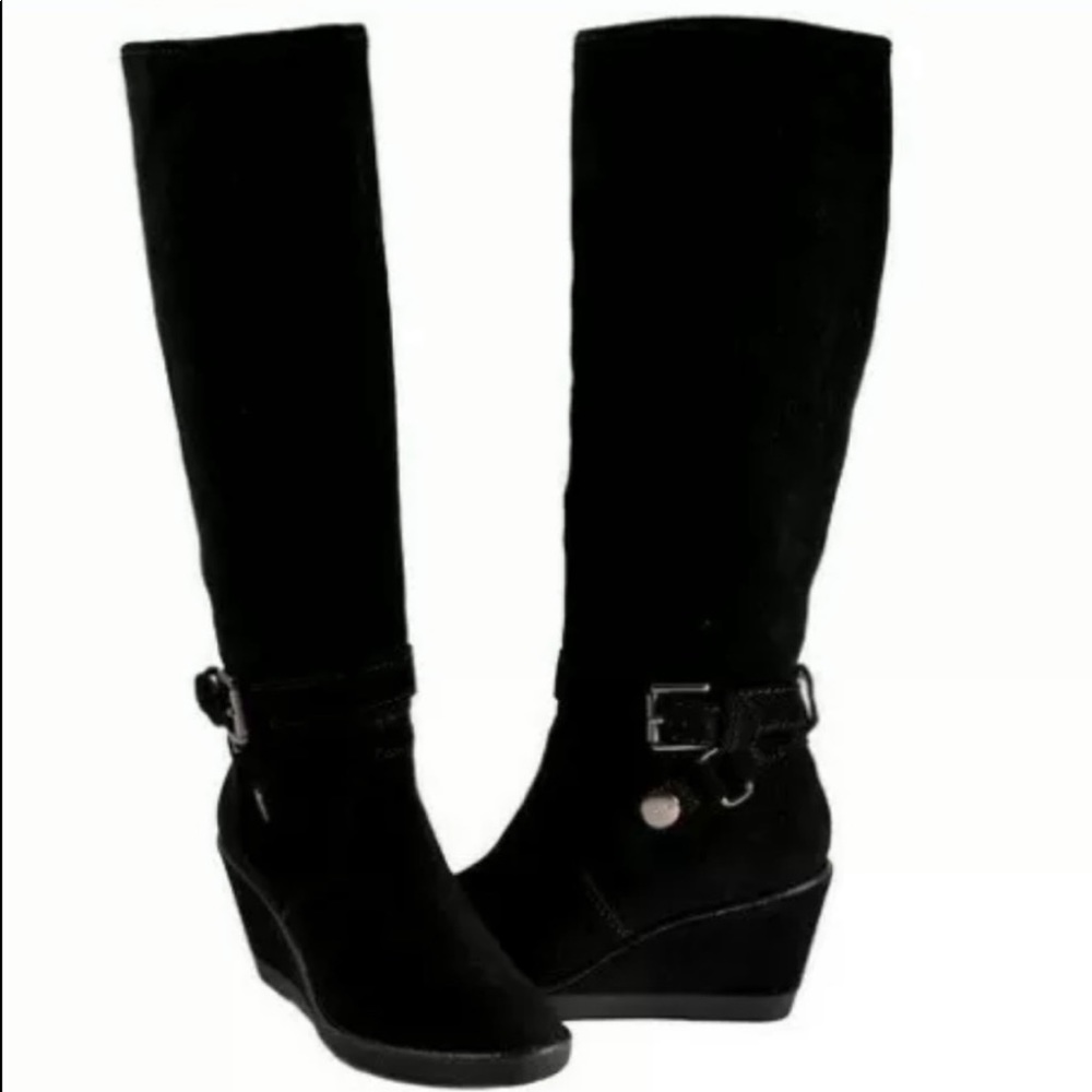 COACH Candid Black Suede Leather Knee high Wedge Boots Fall Winter Sexy Size 8